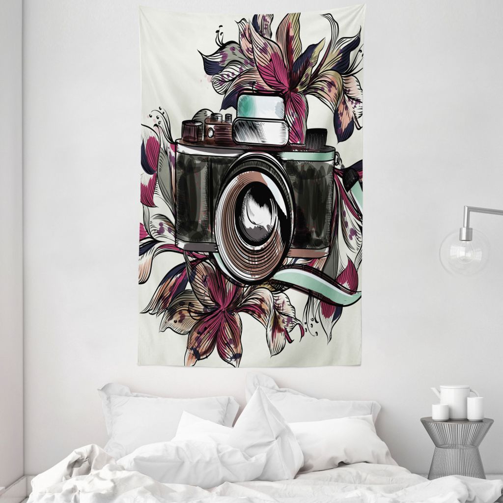 ABAKUHAUS Kamera Wandteppich und Tagesdecke, Aquarell Exotische Blüten aus Weiches Mikrofaser Stoff Waschbar ohne Verblassen Digitaldruck, 140 x 2...