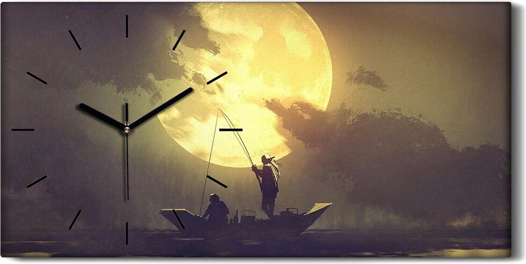 Dekor Leinwand Uhr Wandbilder Quarz 60x30 Fischer mit Angelrute auf dem Boot - schwarze Hände