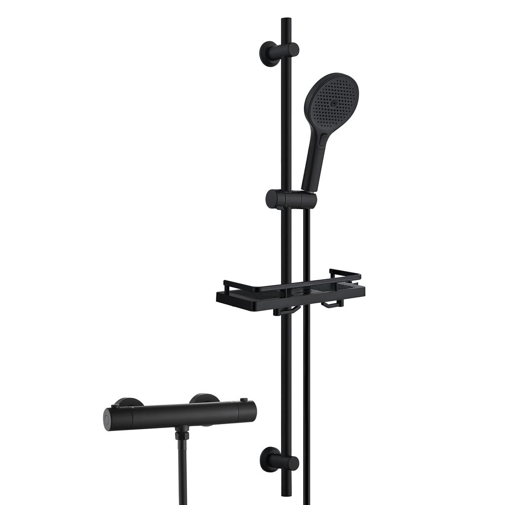 JOHO Edelstahl Duschsystem mit Duscharmatur, Brausestange Set mit Thermostat, Handbrause, Schlauch, Duschstange 100 cm mit Duschablage, Schwarz