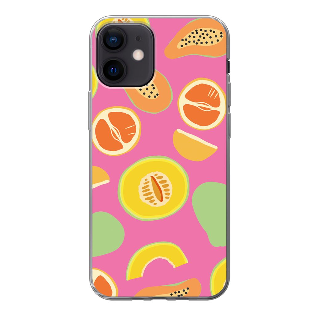 MuchoWow Handyhülle Schutzhülle Hülle für iPhone 12 Obst - Muster - Rosa Silikon Softcase Handy Hülle - Schutzhülle