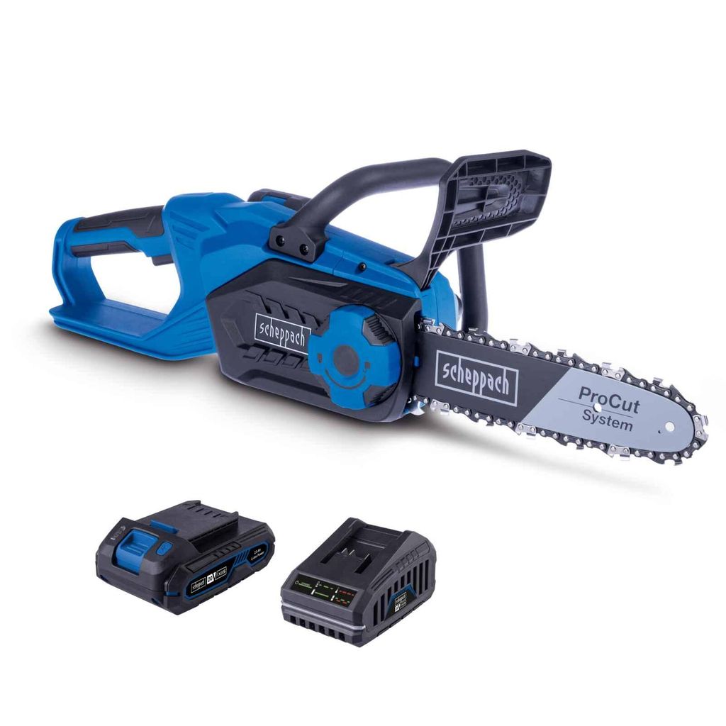 Scheppach Akku-Kettensäge C-CS254-X | 10‘‘/25,4cm ProCut-Schwert 20cm Schnittlänge | Anti-Kickback | 6 m/s | 20V | inkl. 2Ah Akku + 2,4A Lade...
