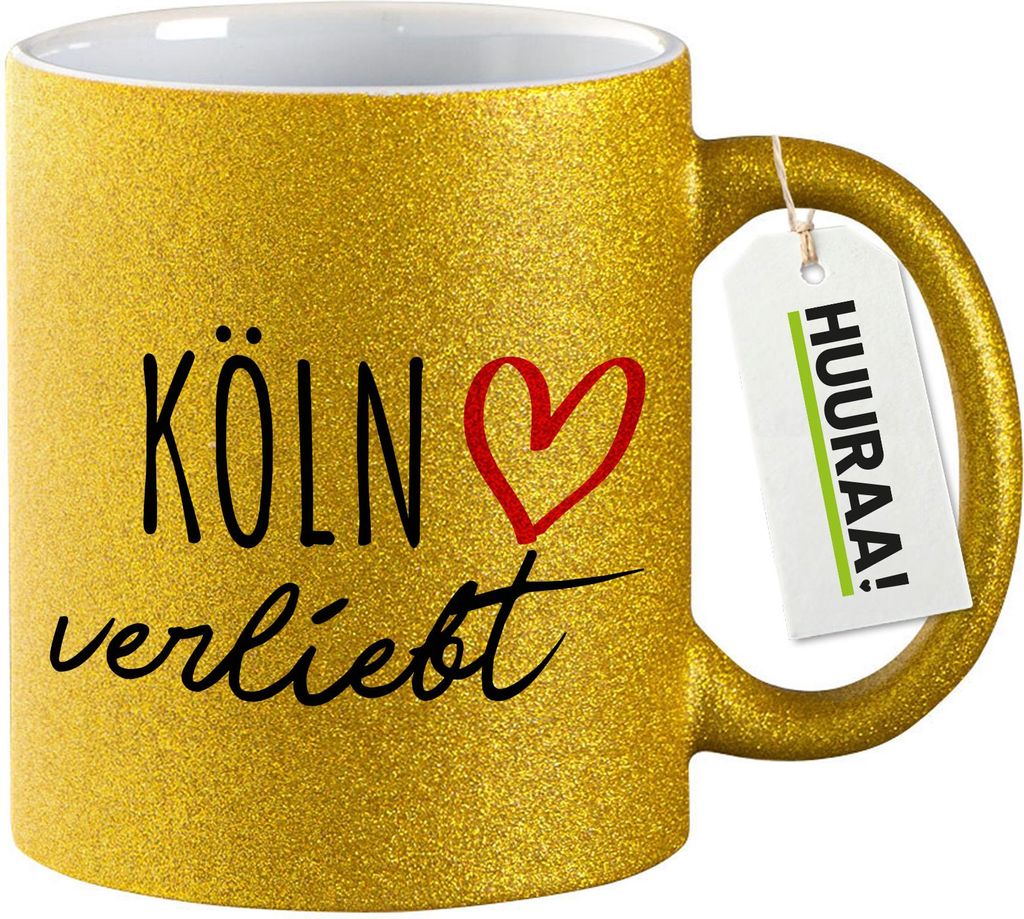 Huuraa Glitzertasse Köln verliebt 330ml Gold Keramik Kaffeebecher Geschenkidee