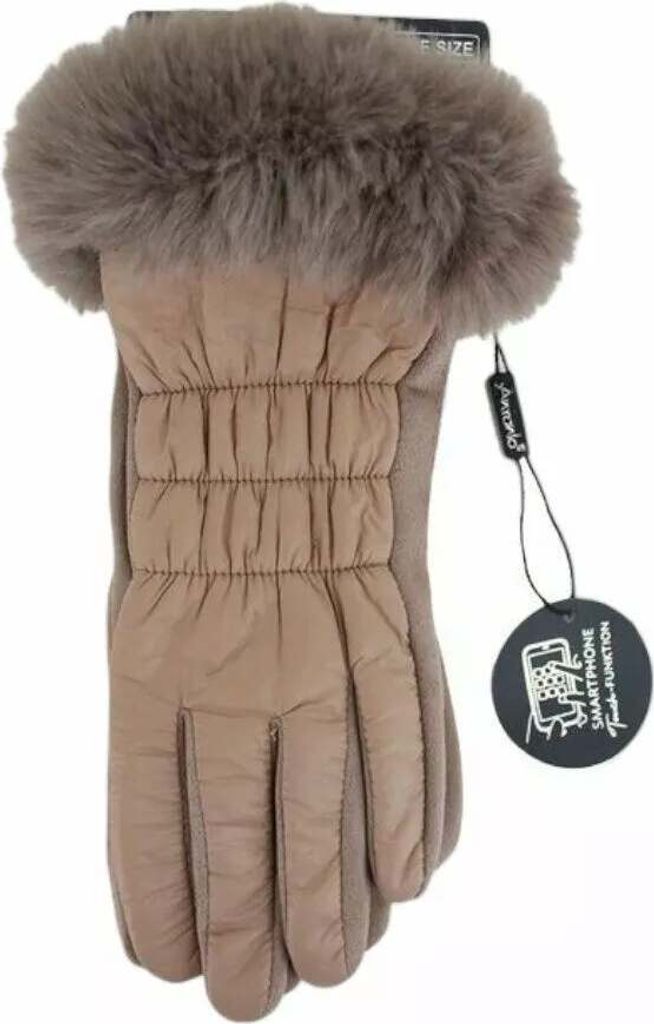 Winter Damen Handschuhe » Nylon Fingerhandschuhe Suede » Winterhandschuhe mit Kunstfell | Damenhandschuhe: Beige Farbe: Beige