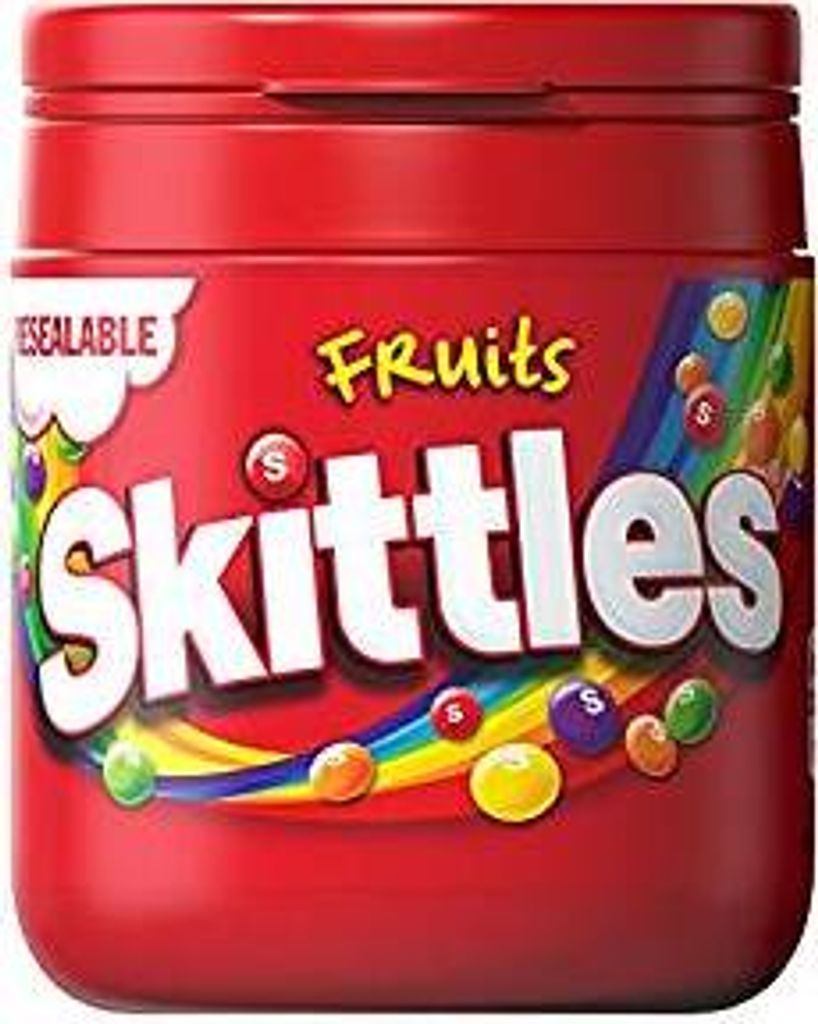Skittles Fruits Kaudragees mit knuspriger Zuckerhülle und Produktbild 