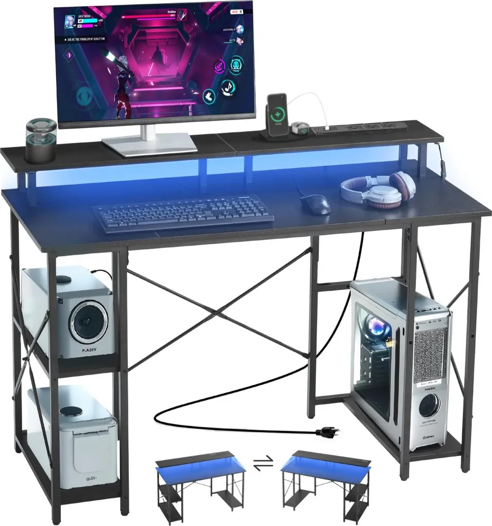 Table d'ordinateur ergonomique avec étagères et éclairage LED intégré