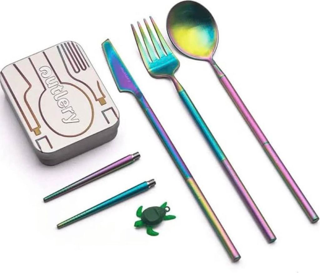 Outlery Komplettset | Edelstahl Reisebesteckset mit Essstäbchen und Etui für Camping, Picknick, Büro und unterwegs (Taschenformat, Regenbogen)