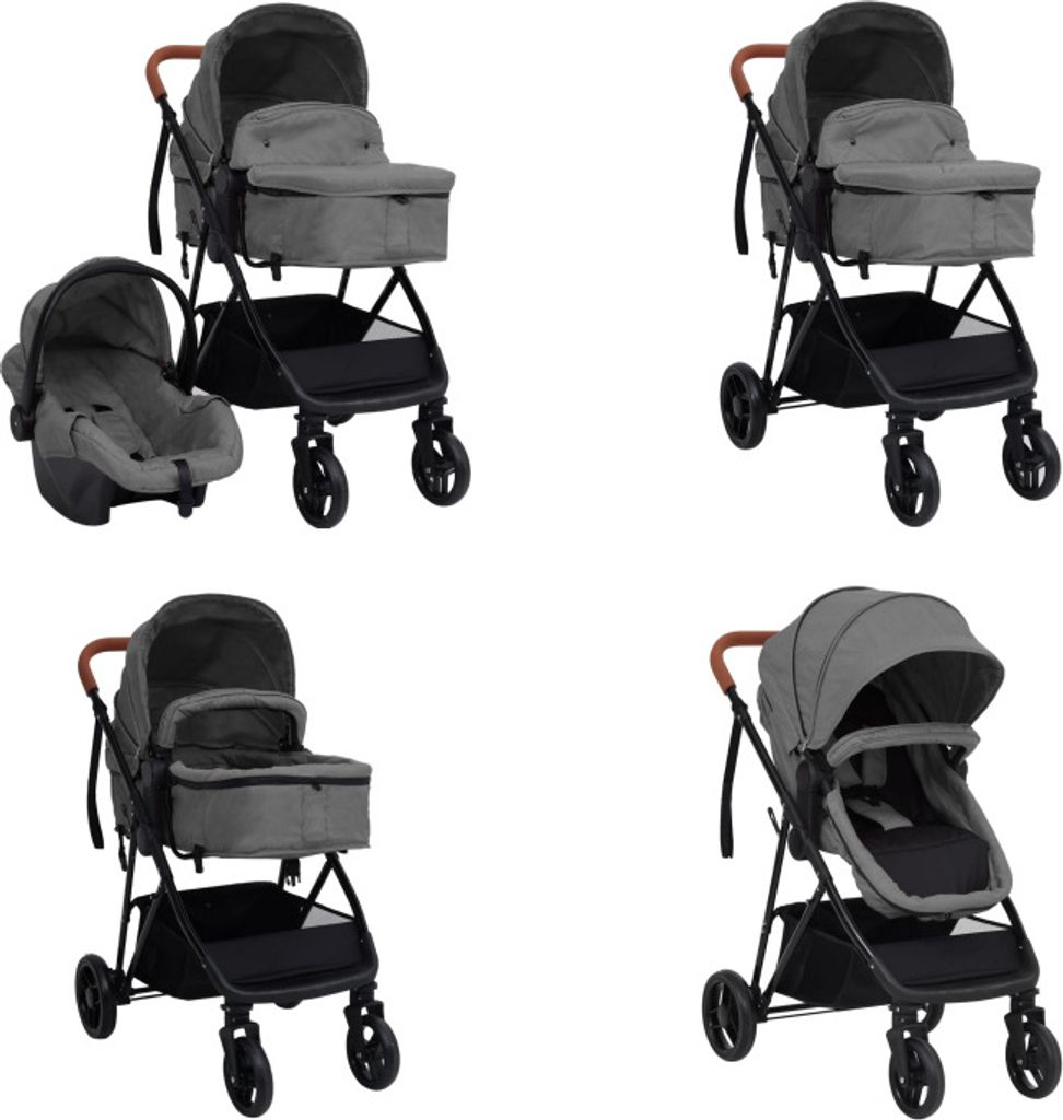 vidaXL 3 in 1 Kinderwagen Hellgrau und Schwarz Stahl - Kinderwagen - Babywagen - Sportwagen - Kombi-Kinderwagne