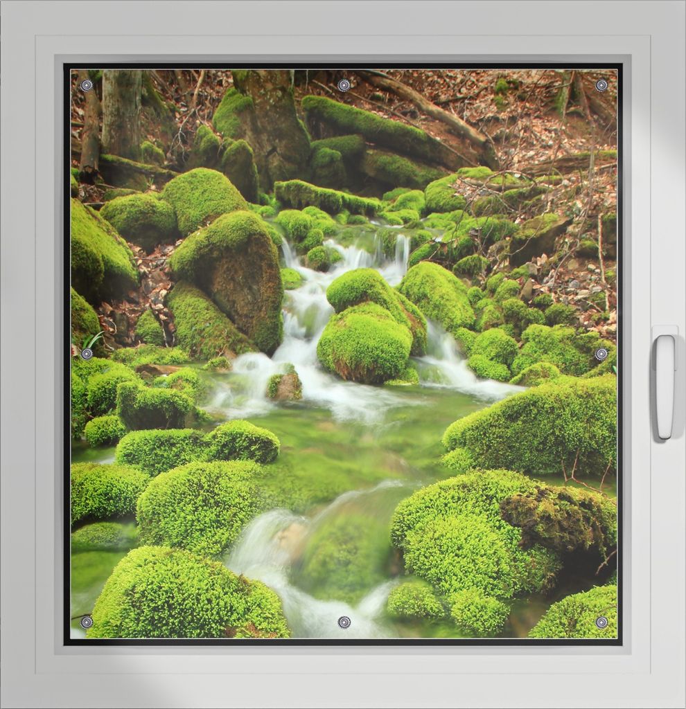 Wallario Lichtschutzbild, Dekorativer Sichtschutz Sonnenschutz 96 x 93 cm mit Motiv: Moosiger Bach - Verdunklung ohne Bohren