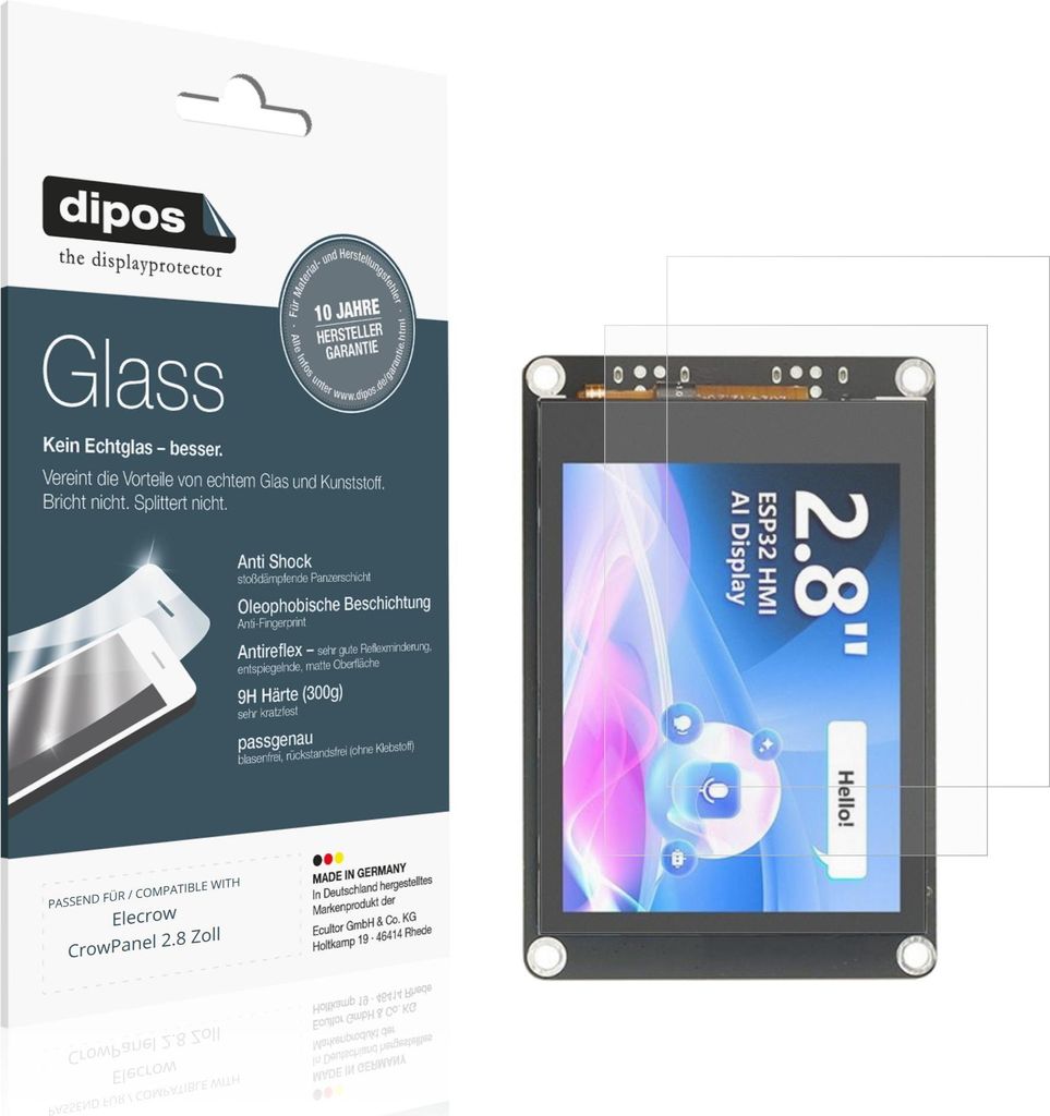 2x Schutzfolie für Elecrow CrowPanel 2.8 Zoll matt - Anti-Shock 9H Folie dipos Glass Kunststoffglas