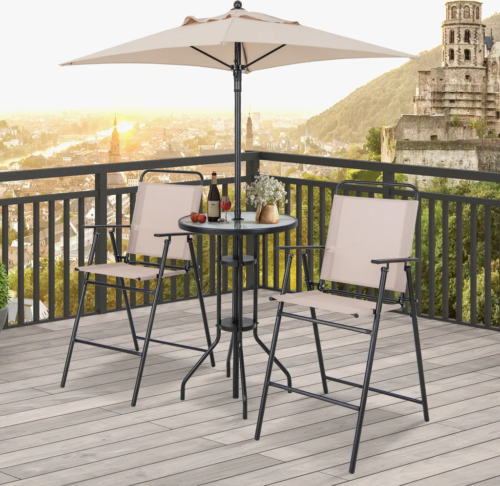 Set bistrot pliable 4 pièces : table, chaises et parasol de protection
