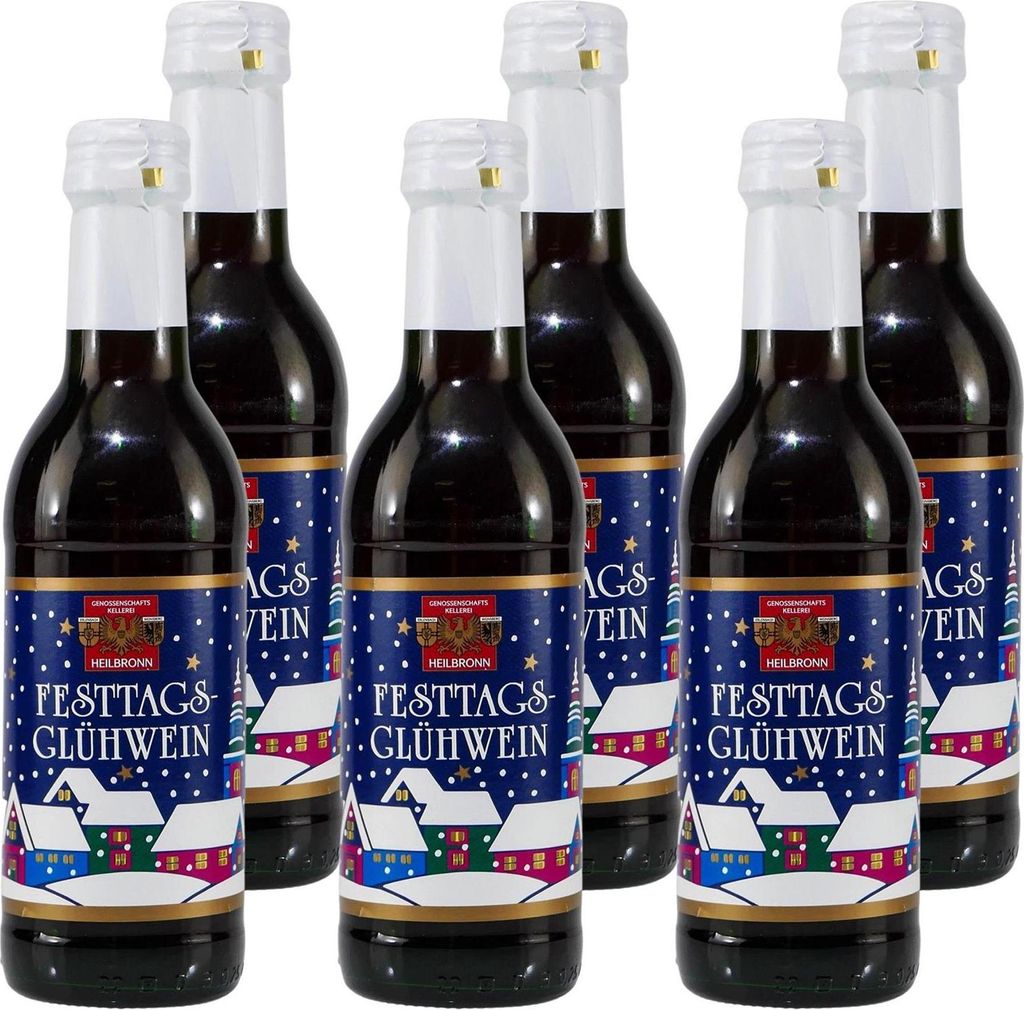 Six bottles of Festtags-Glühwein are arranged in two rows against a white background. The bottles have festive labels depicting snowy houses and stars.