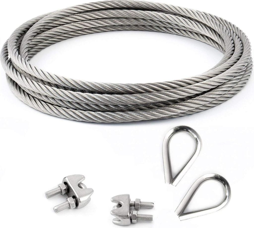 DRAHTSEIL EDELSTAHL + 2 SEILKLEMMEN + 2 KAUSCHEN 6mm 10 Meter 7x19 Edelstahlseil Seil Stahlseil