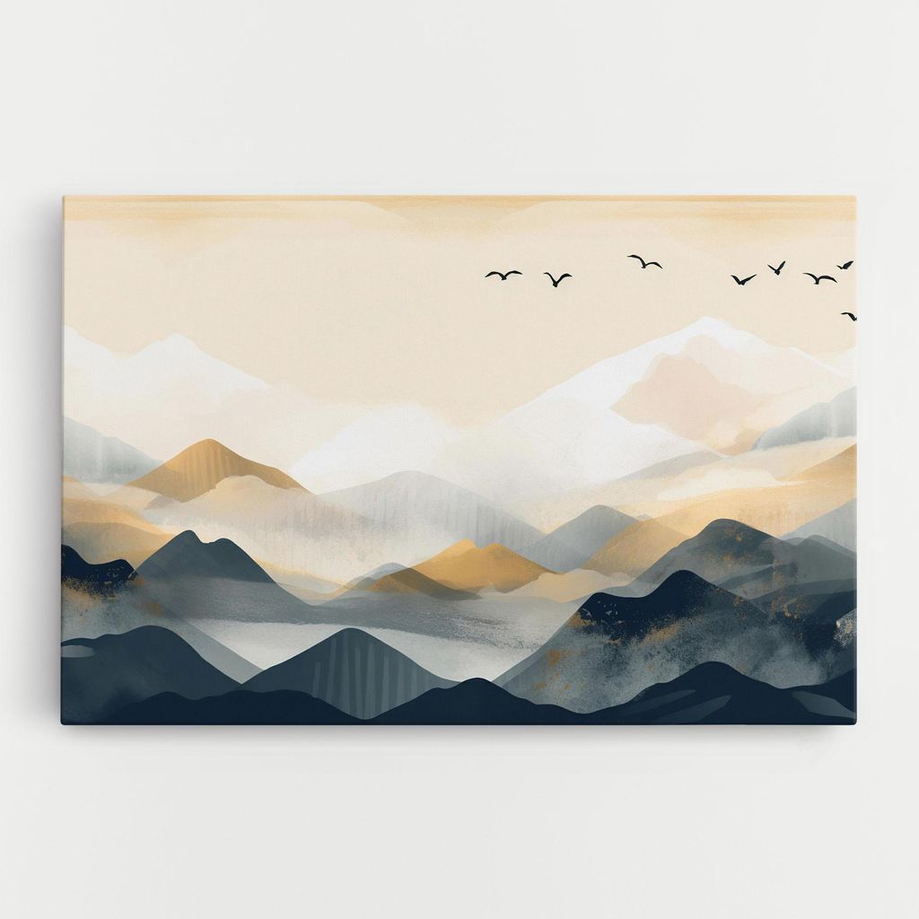ARTHUB Leinwandbild 80x120 cm, Gold Foggy Blue | Wohnzimmerdekoration, Hängende Bilder, Wanddekoration, Heimdekoration, Landschaften, Berge