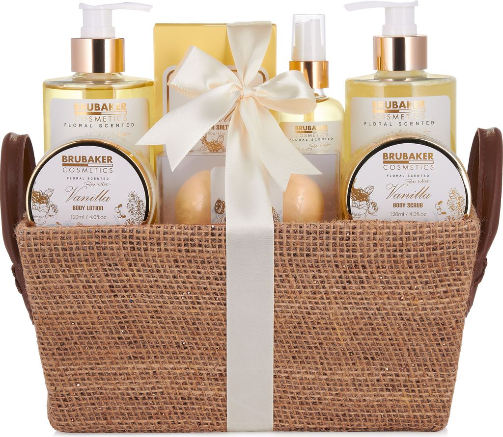 A gift basket filled with cosmetic products.
