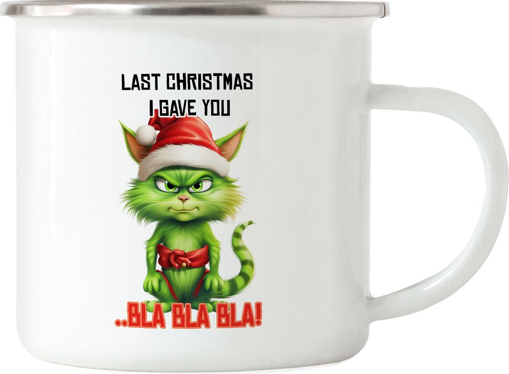 Last Christmas I Gave You Bla Bla Bla Emaille Tasse Katze Cat Weihnachtsmuffel Weihnachtsgeschenk für Katzenbesitzer