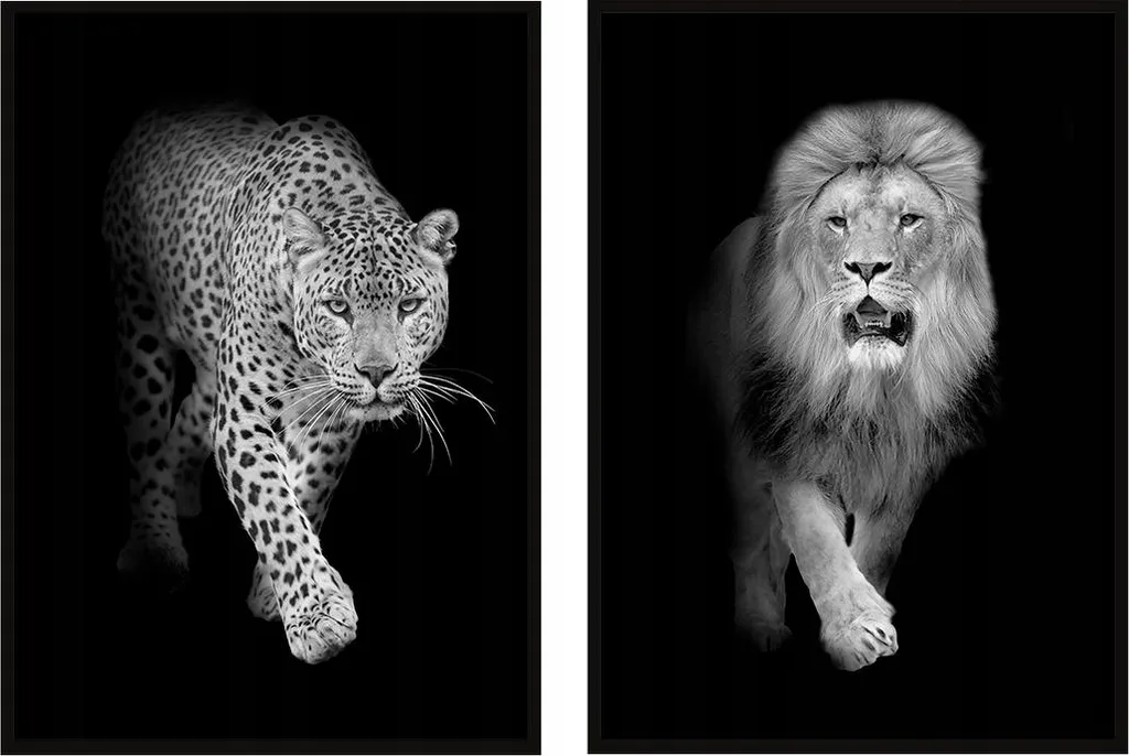 Tableau peint 53x73cm diptyque chats sauvages guépard et lion P1020