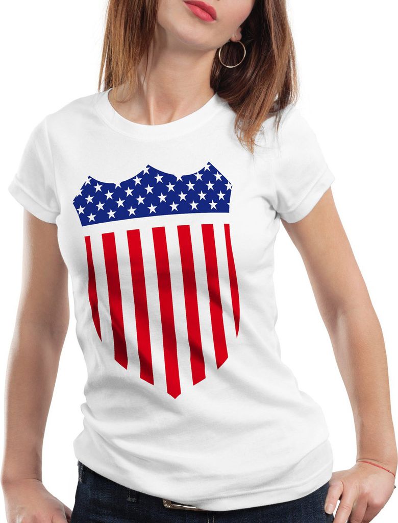 style3 USA Amerika Medal Medaille Wappen Flagge Damen T-Shirt, Farbe:Weiß, Größe:L