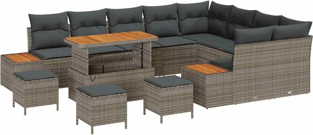 vidaXL Gartensofa-set mit Kissen mit Speicher 13 pcs Grau Poly Rattan
