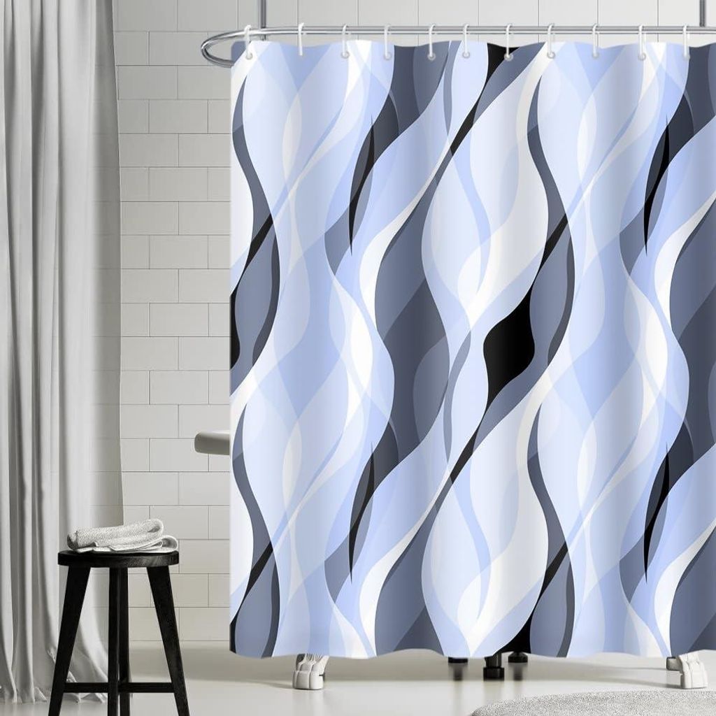 Blauer Duschvorhang, 180 x 180 cm, schimmelresistent, hellblauer Farbverlauf, grau gestreifter Duschvorhang, waschbar, wasserdicht, Polyester-Badez...