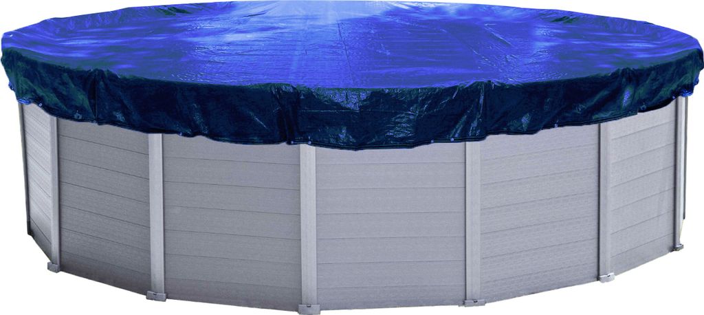An above-ground swimming pool covered with a blue tarp.