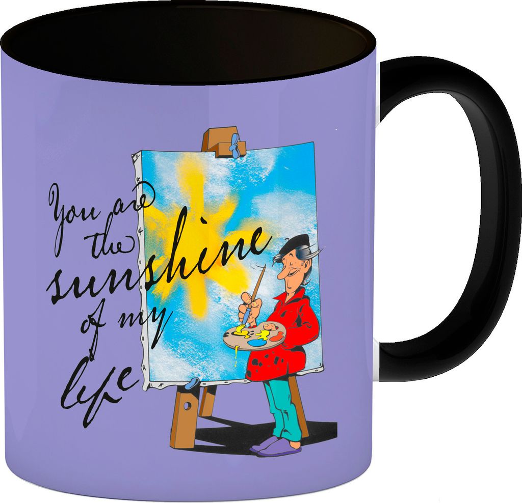 You are the sunshine of my life Kaffeebecher Schwarz mit Staffelei Motiv in lila