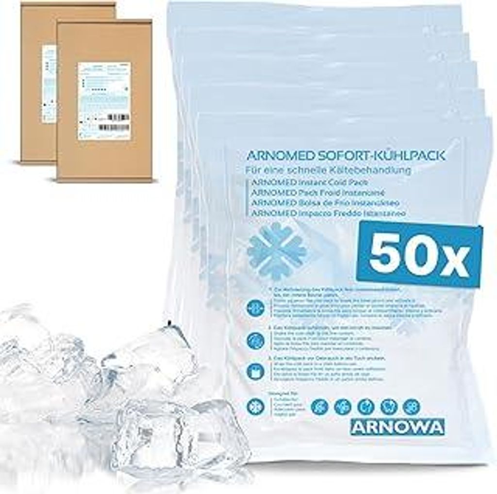 50x ARNOMEDEinweg Sofort Kühlpads 12x15cm, Direkt Kühlpack zum Knicken, Instant Cold Packs für Schwellungen & Verletzungen, Einweg Kältekompres...