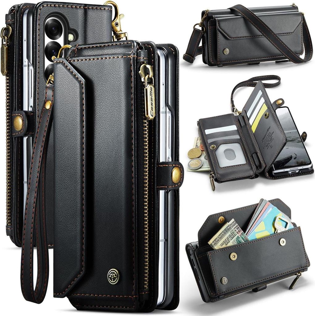 Für Samsung Galaxy Z Fold7 5G CaseMe C36 Kunstleder Multifunktion Zipper Wallet RFID Schutz Tasche Schwarz