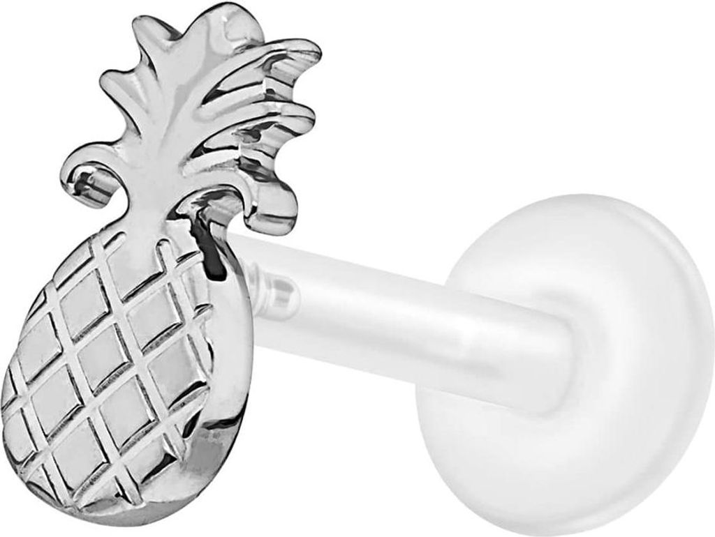 Ohrpiercing, Nasenpiercing PTFE Labret mit Innengewinde + Titan-Aufsatz ANANAS Silber Stablänge: 10mm | Stabstärke: 1,2mm