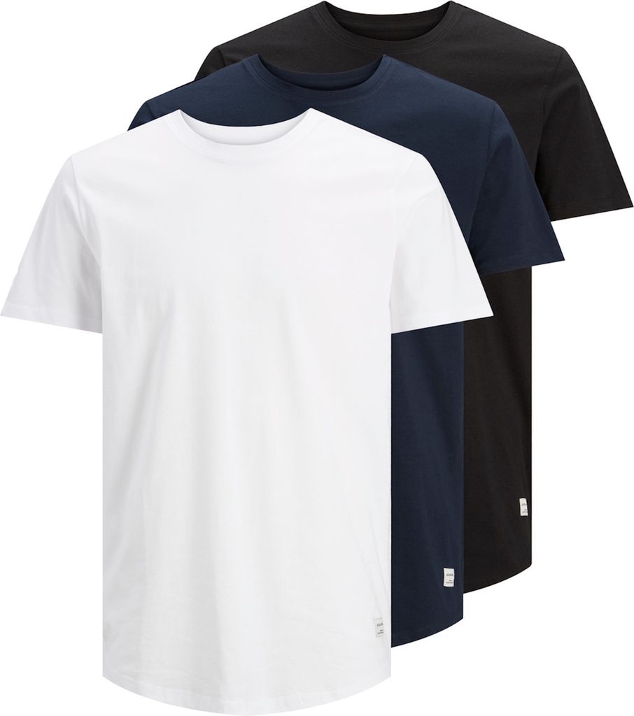 Three t-shirts are layered on top of each other, with the white t-shirt in the foreground.