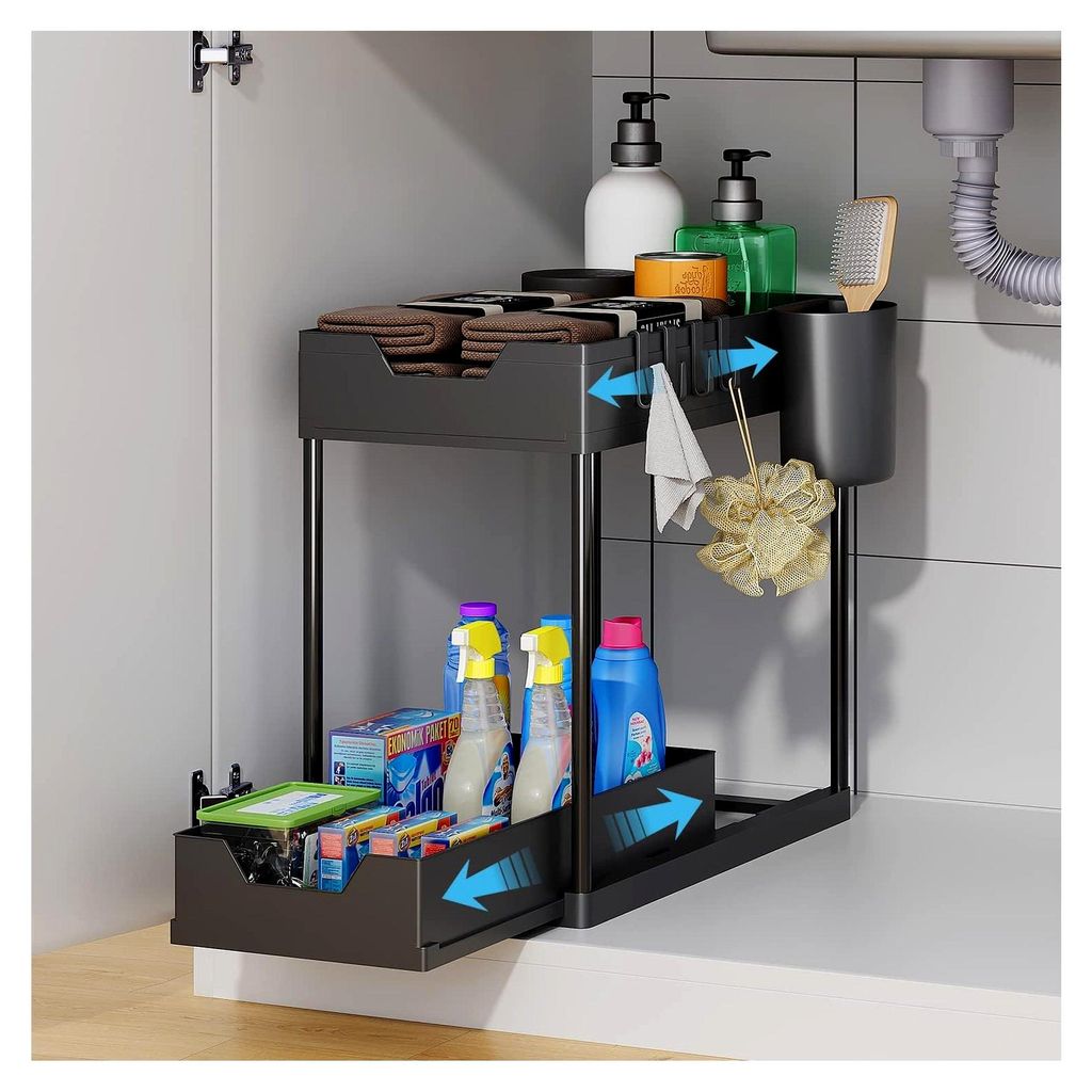 2-stöckiges Unter Waschbecken Regal Gewürzregal Ausziehbar mit 2 Körben Küchen Organizer Spülschrank Organizer Schwarz mit 4 Haken und 1 Tasse...