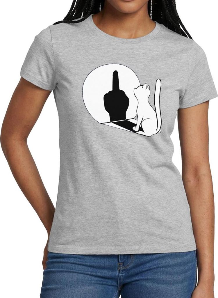 Spreadshirt Schattenspiel Katze Mittelfinger Frauen T-Shirt, L, Grau meliert