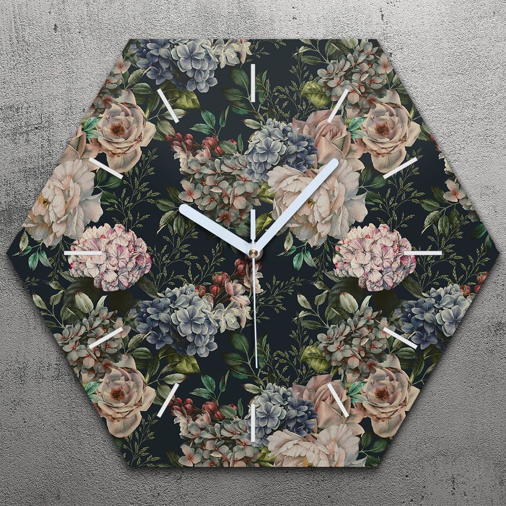 Uhr hexagonal 40 cm Glas Geräuschlos weiße Zeiger - Muster mit Blumen
