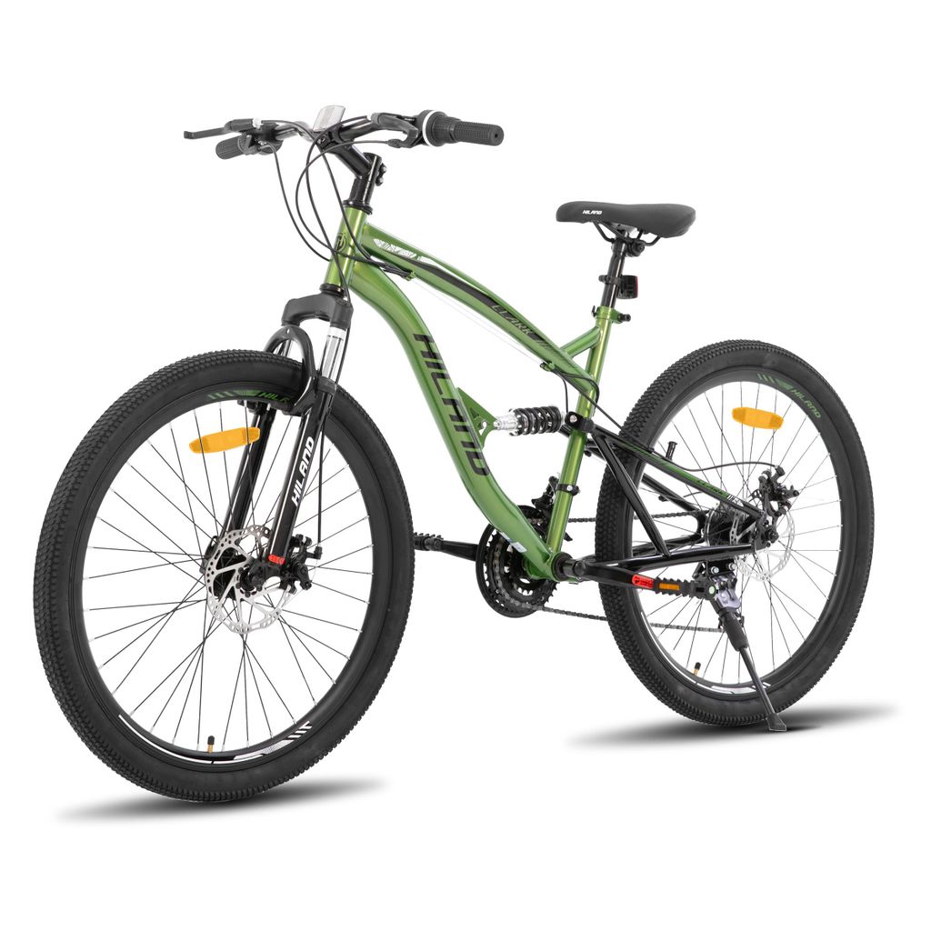 Hiland 26 Zoll Vollfederung Mountainbike, 21 Gang, Mountainbike für Männer Frauen, Doppelscheibenbremse Fahrrad, Studenten-Pendlerfahrrad, Grün
