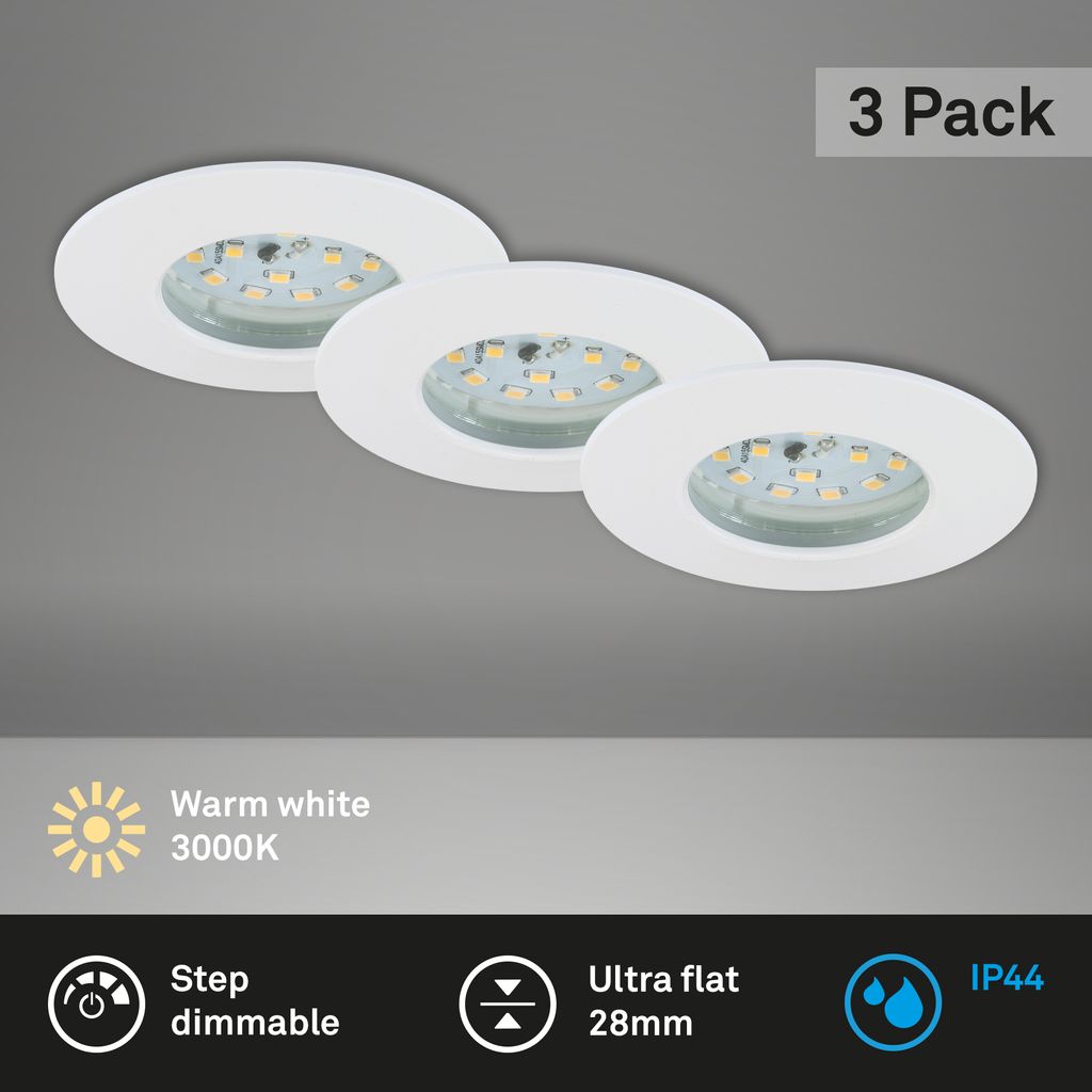 Briloner Leuchten ATTACH DIM - LED-Einbauleuchten - 3er-Set - Deckenleuchten - dimmbar - je 6,5 W - 570 Lumen - 3000 K - IP44 - weiß - Ø7,5 cm