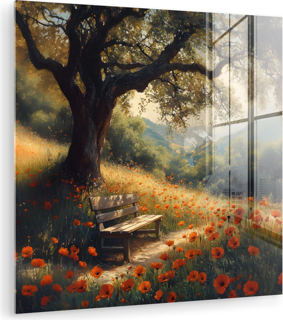 MuchoWow Glasbilder - Bilder auf Wandbild - Foto auf Glas Bank - Baum - Mohnblumen - Hügel 30x30 cm Wanddekoration aus Glas - Acrylglasbild - Acry...