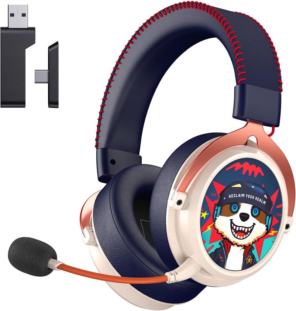 Kabelloses Gaming Headset PS5/PC/Switch mit BT 5.3, Noise Cancelling Mikrofon, Low Latency, 70+ Std. Akku, Type-C & Type-A, stylisches Waschbär-De...