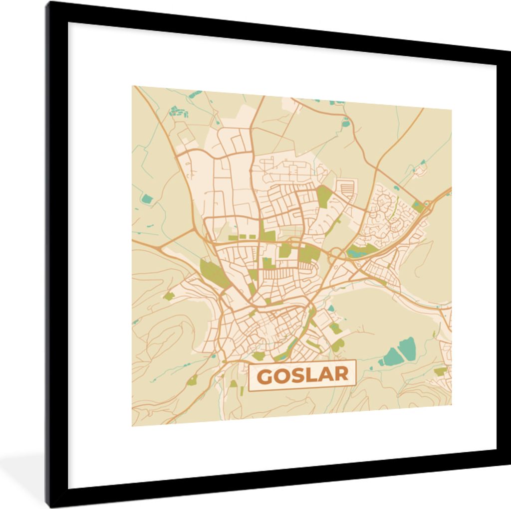 MuchoWow Gerahmtes Poster Goslar - Karte - Vintage - Stadtplan 40x40 cm - Poster mit Schwarzem Bilderrahmen Wandposter Rahmen Foto Bilder - Poste...