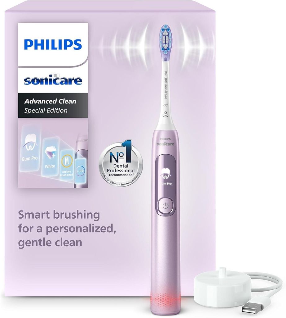 A Philips Sonicare electric toothbrush and its packaging are displayed against a light purple background.