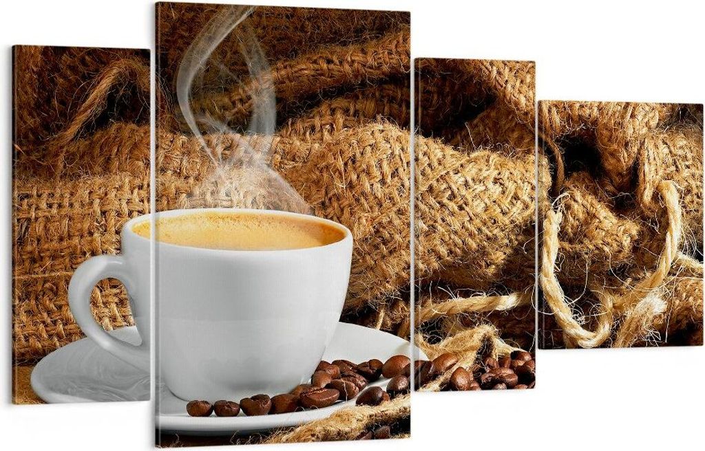 Bild auf Leinwand - Leinwandbild - Cappuccino Tasse Körner Beutel - 120x70cm - Wand Bild - Wanddeko - Leinwanddruck - Bilder - Kunstdruck - Wandde...