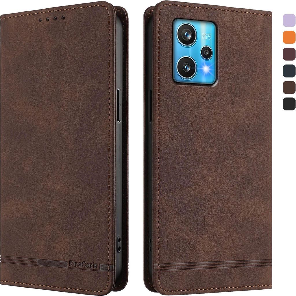 Hülle für Realme 9 4G/Realme 9 Pro+ 5G, Retro Kunstleder Ständer Klapphülle mit Kartenfächer und Magnetische Braun