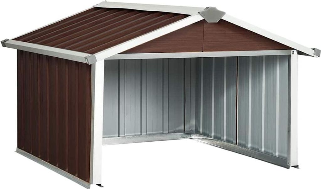 A brown and silver metal shed or garage for a lawnmower, shown from the front with the opening facing the viewer.