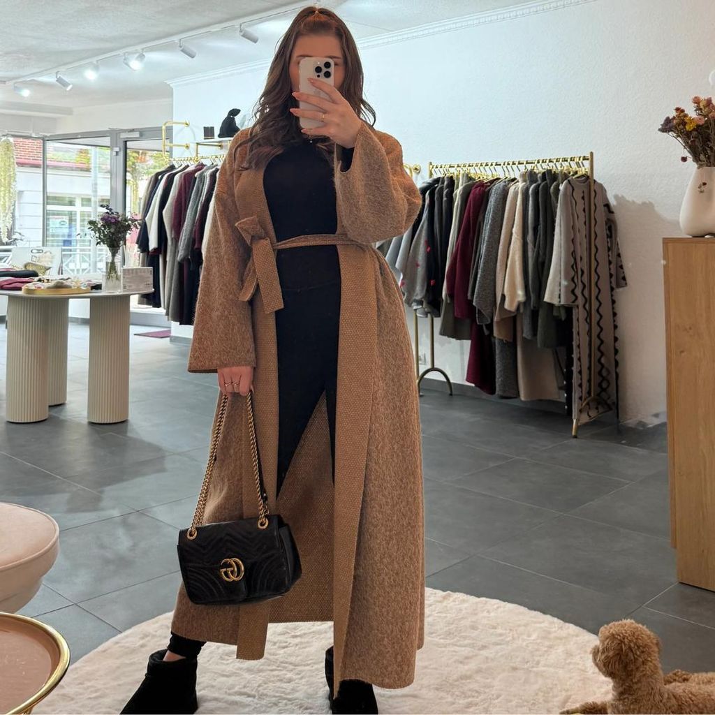 Frauen Mantel Langes "Sina" Hellbraun, für Damen Mantel, Länge: 138 cm, Herbst & Winter Mantel Locker Winterjacke, mit separatem Gürtel zum binden