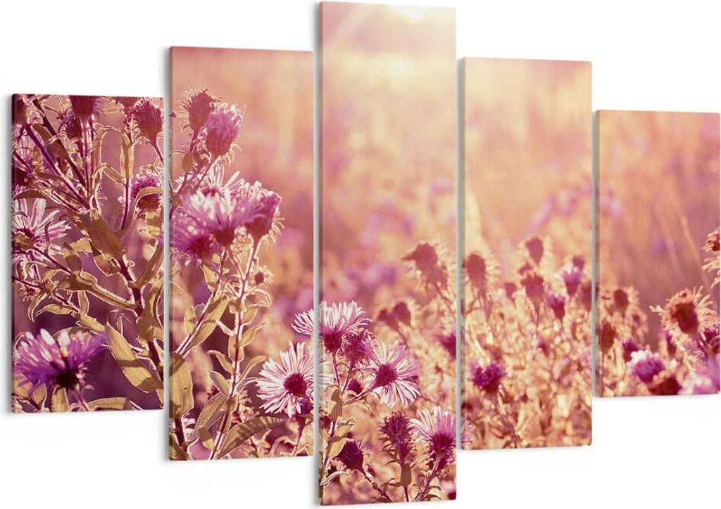Bild auf Leinwand - Leinwandbild - 5 Teile - Wiese Blumen Sonne - 150x100cm - Wand Bild - Wanddeko - Wandbilder - Leinwanddruck - Bilder - Wanddeko...