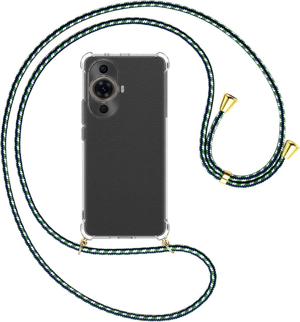 Handykette Backcover-Schutzhülle mit Band (Metall goldfarben) für Huawei nova 11 Pro (GOA-AL80,LX9) - grün/blau/weiß