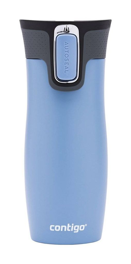 A light blue Contigo travel mug with a gray lid and a blue AUTOSEAL button.