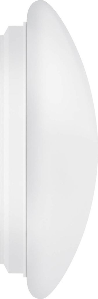 A side view of a white circular LED light fixture.