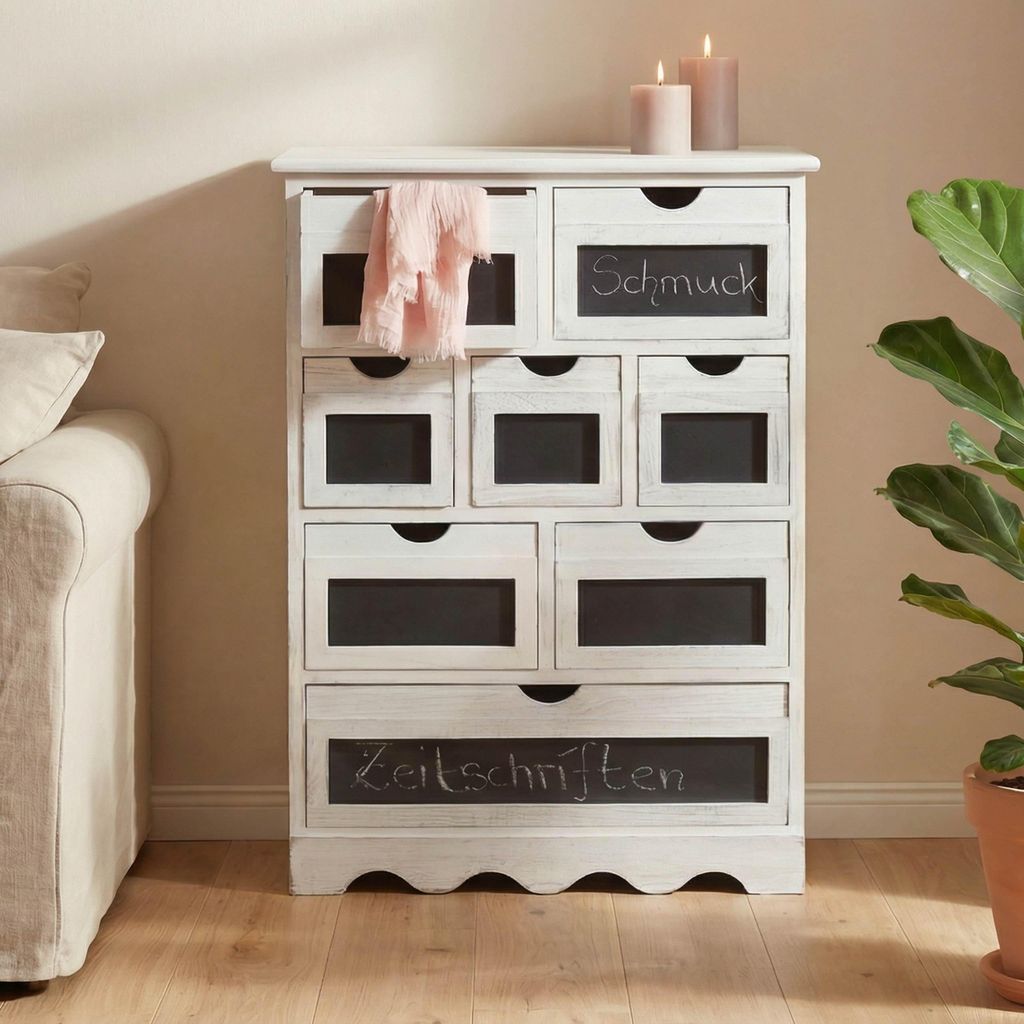 Kommode Ermelo, Schubladenschrank mit Tafel, Shabby-Look Vintage MVG- 87x60x30cm weiß