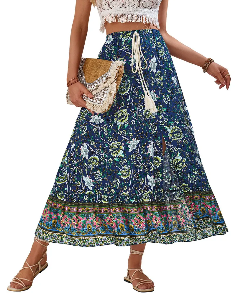 Jupe longue fleurie taille XL bleu marine avec cordon et fente latérale