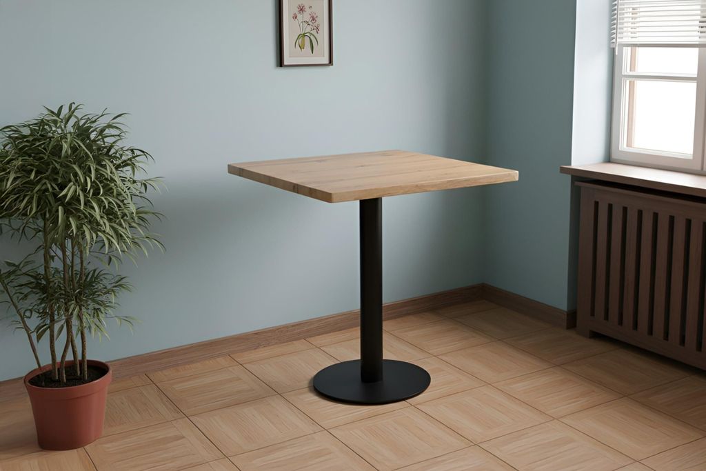 Bistrotisch Joan | 60 x 60 cm eckig | Holz | Farbe: Eiche | Gerade Kante | schwarzes rundes Säulengestell aus Metall | Säulentisch/Esstisch für ...