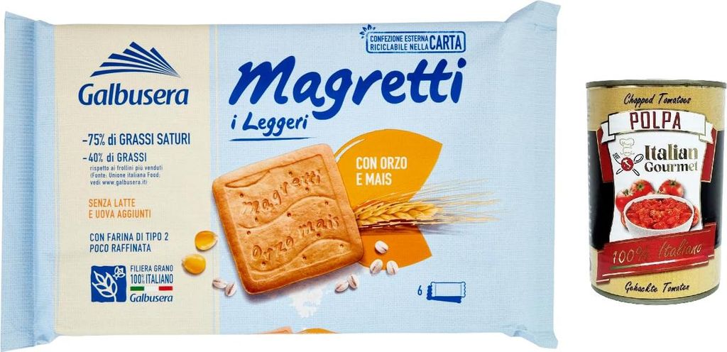3x Galbusera Magretti i Leggeri, Kekse mit Gerste und Mais, biscuits cookies, 350g + Italian Gourmet polpa 400g